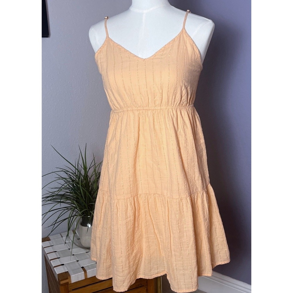 SO Goods For Life Peach Gold Metallic Pinstripe Tiered Mini Dress Medium Boho